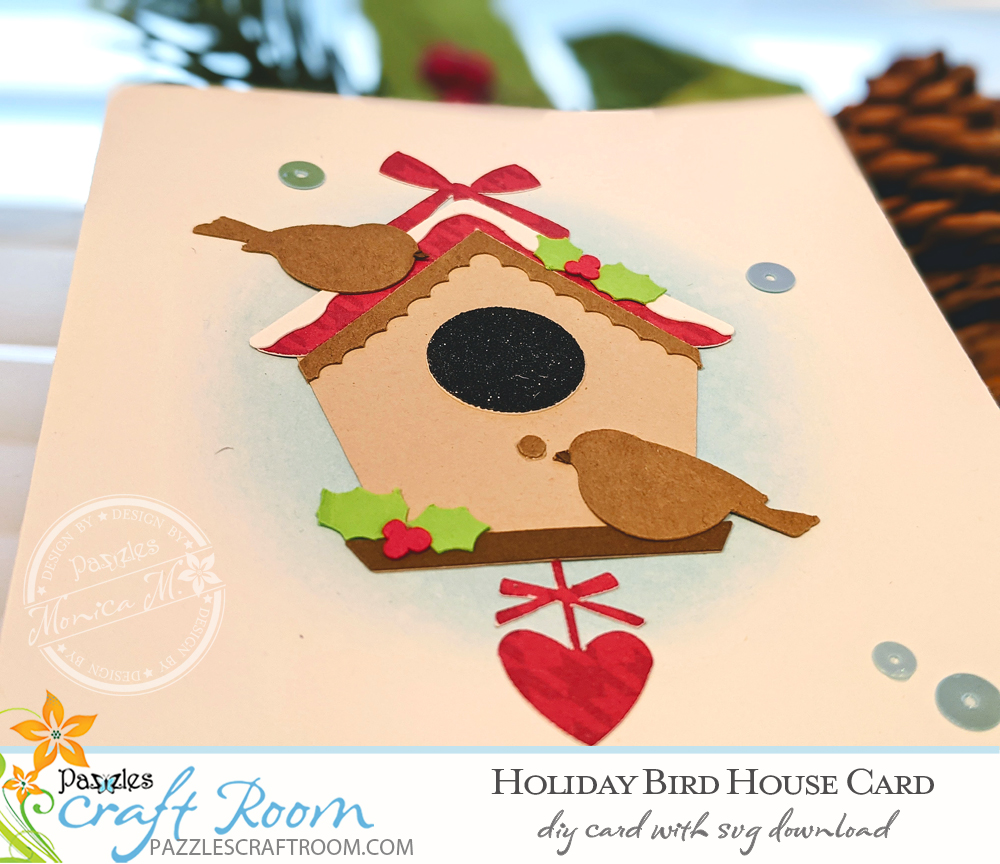 Pazzles DIY Holiday Birdhouse Card with instant SVG download. Compatible with all major electronic cutters including Pazzles Inspiration, Cricut, and Silhouette Cameo. Design by Monica Martinez.