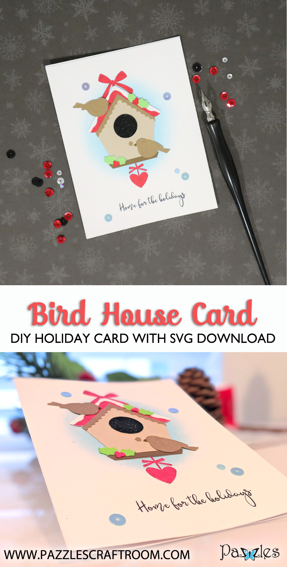 Pazzles DIY Holiday Birdhouse Card with instant SVG download. Compatible with all major electronic cutters including Pazzles Inspiration, Cricut, and Silhouette Cameo. Design by Monica Martinez.