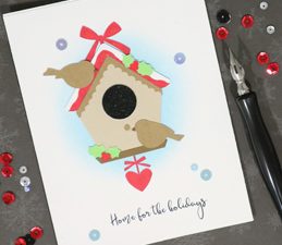 Pazzles DIY Holiday Birdhouse Card with instant SVG download. Compatible with all major electronic cutters including Pazzles Inspiration, Cricut, and Silhouette Cameo. Design by Monica Martinez.
