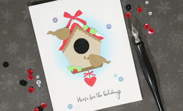 Pazzles DIY Holiday Birdhouse Card with instant SVG download. Compatible with all major electronic cutters including Pazzles Inspiration, Cricut, and Silhouette Cameo. Design by Monica Martinez.