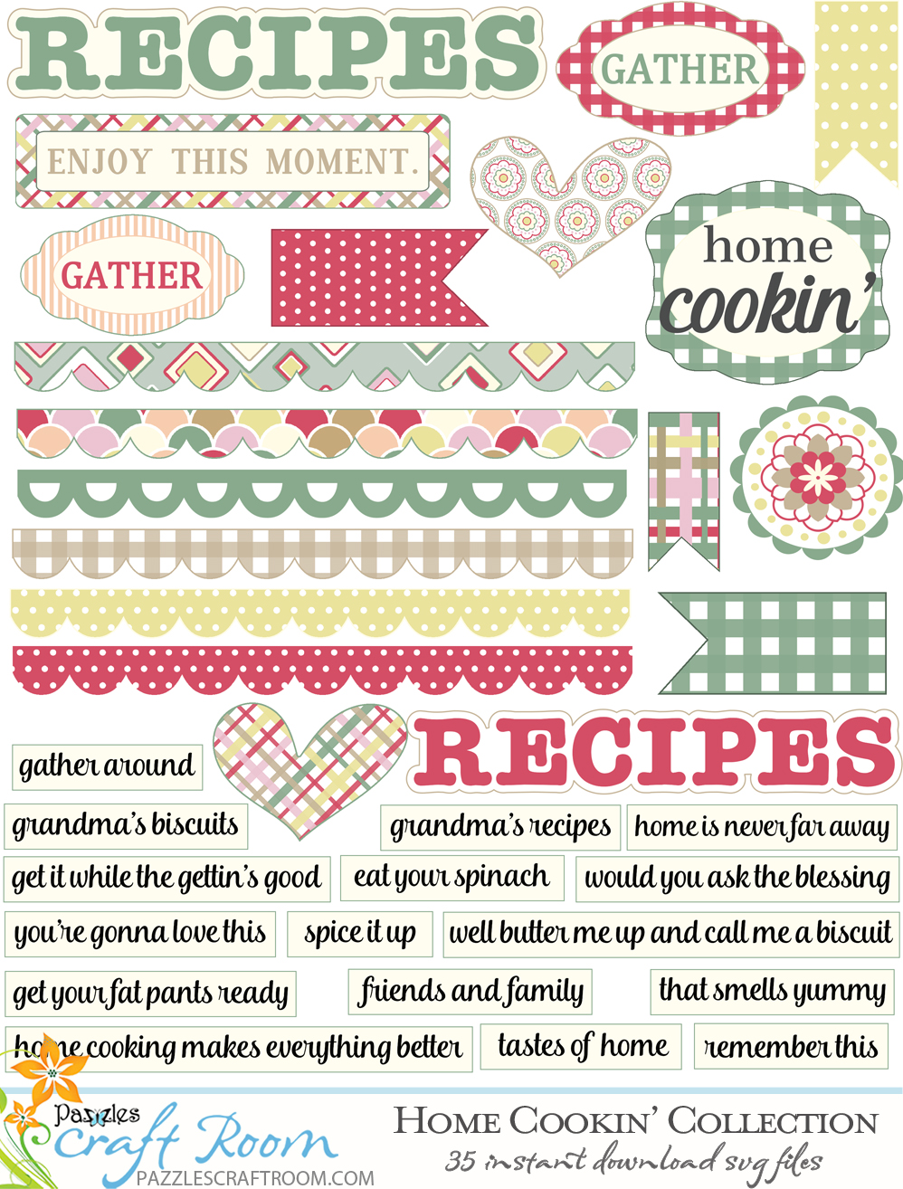 Pazzles DIY Home Cooking SVG Files. Collection of 35 instant download SVG compatible with all major electronic cutters including Pazzles Inspiration, Cricut, and Silhouette Cameo. Desigs by Leslie Peppers.