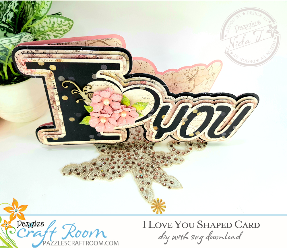 Pazzles DIY I Love You Shaped Card with instant SVG download. Compatible with all major electronic cutters including Pazzles Inspiration, Cricut, and Silhouette. Design by Nida Tanweer.