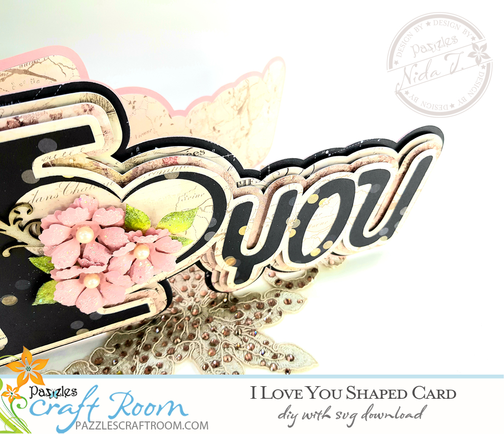 Pazzles DIY I Love You Shaped Card with instant SVG download. Compatible with all major electronic cutters including Pazzles Inspiration, Cricut, and Silhouette. Design by Nida Tanweer.