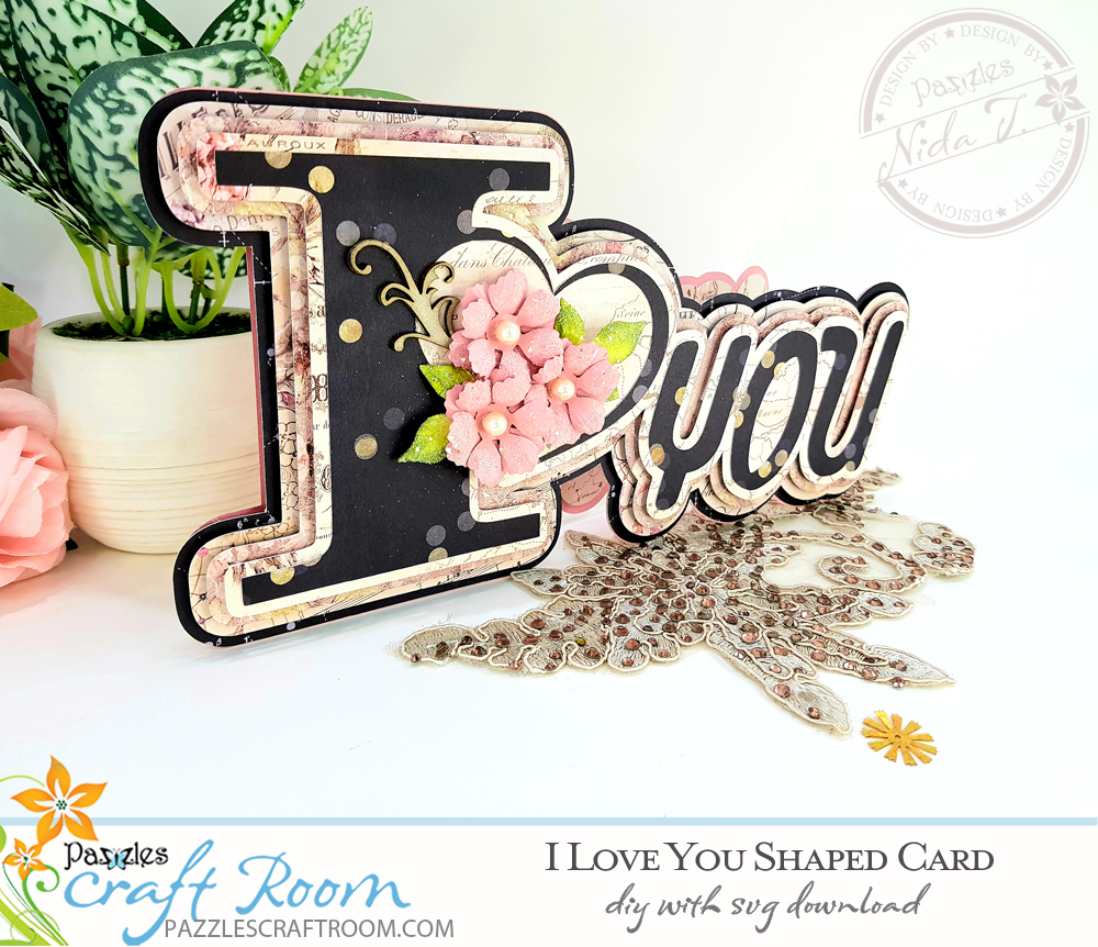 Pazzles DIY I Love You Shaped Card with instant SVG download. Compatible with all major electronic cutters including Pazzles Inspiration, Cricut, and Silhouette. Design by Nida Tanweer.