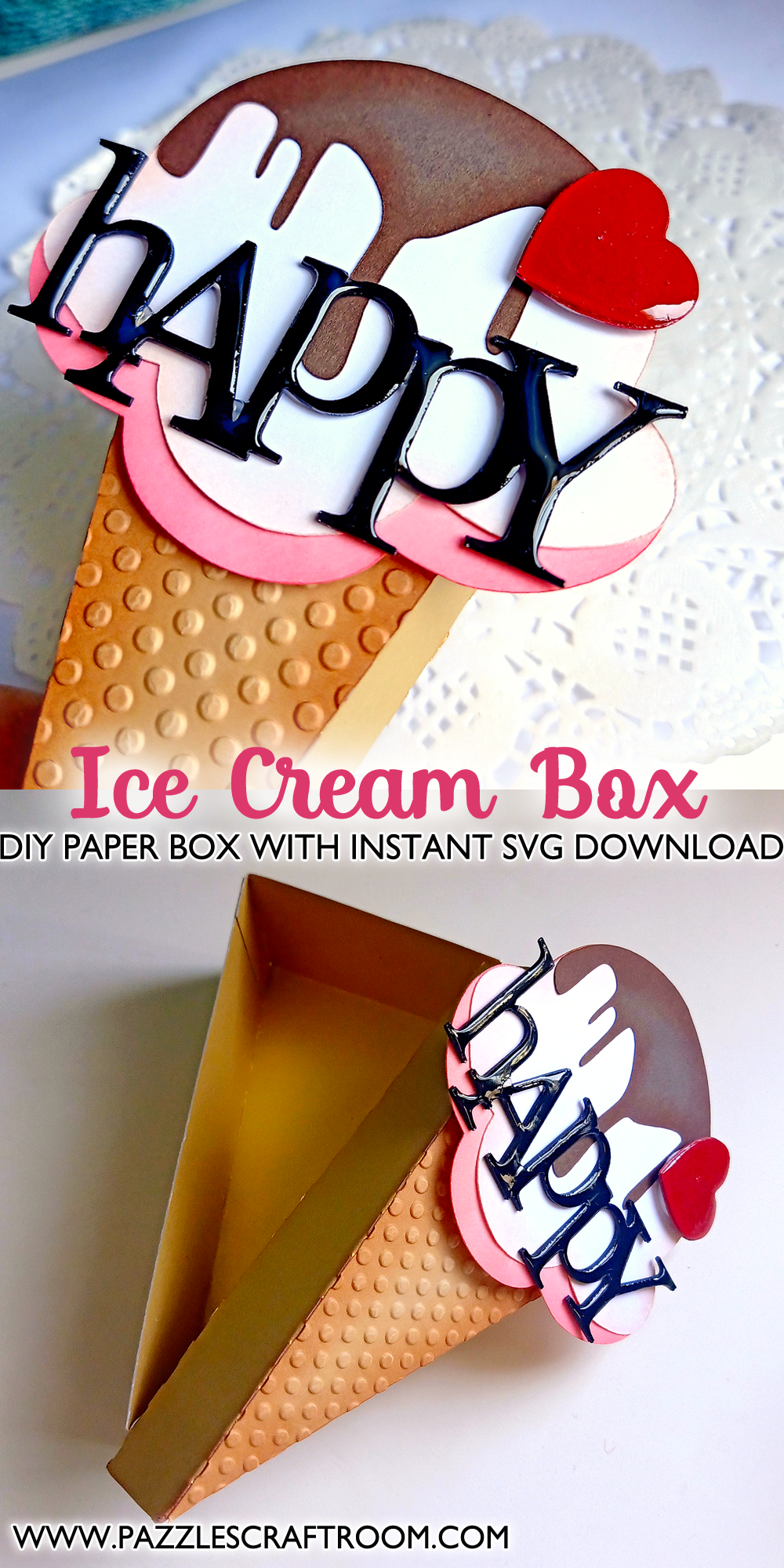 Pazzles DIY Ice Cream Box. Instant SVG download compatible with all major electronic cutters including Pazzles Inspiration, Cricut, and Silhouette Cameo. Design by Zahraa Darweesh.
