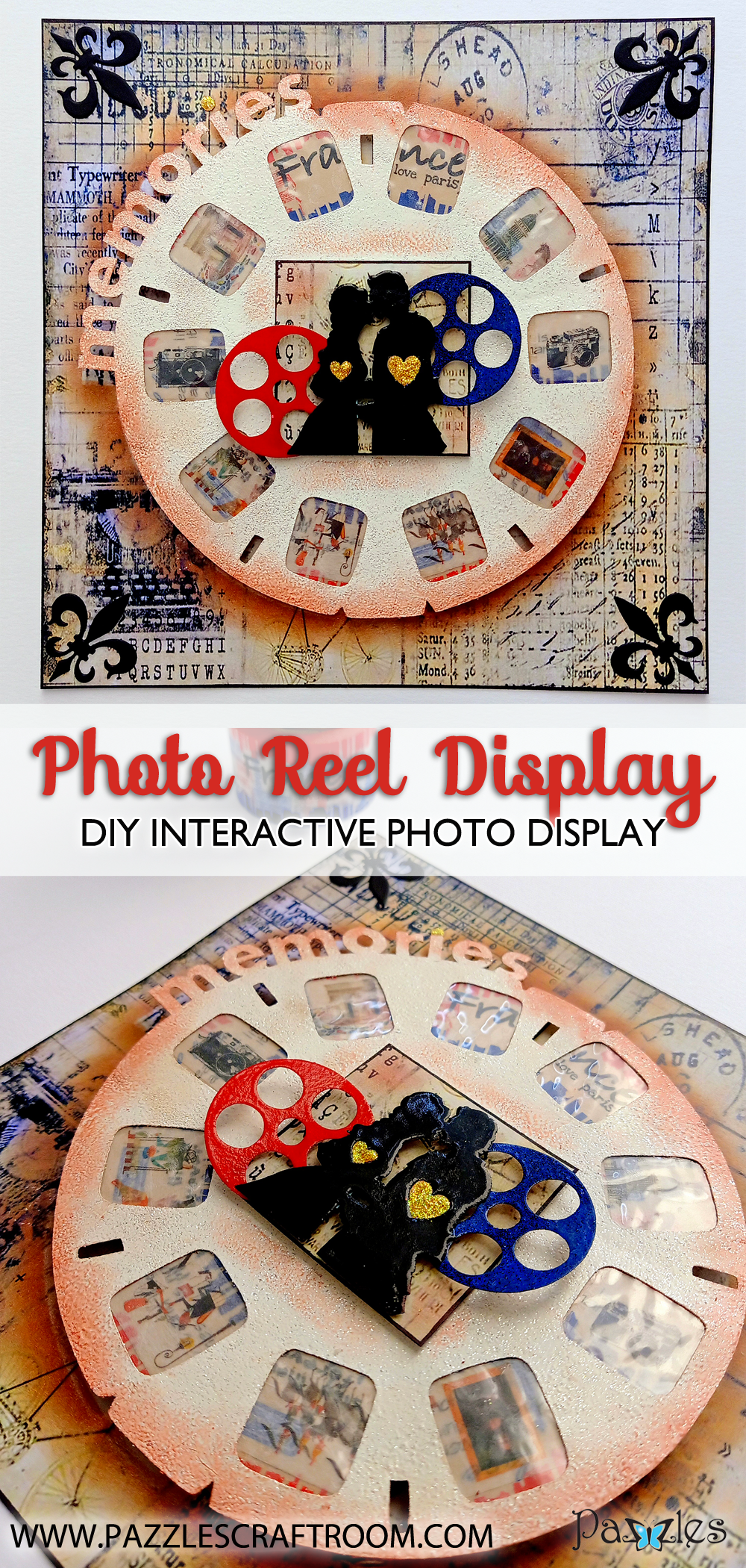 Pazzles DIY Interactive Photo Reel Display with instant SVG download. Compatible with all major electronic cutters including Pazzles Inspiration, Cricut, and Silhouette Cameo. Design by Zahraa Darweesh.