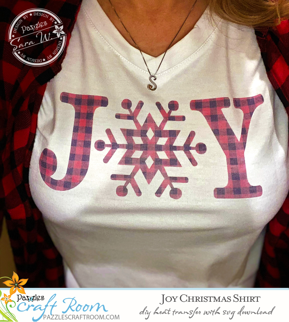 Pazzles Joy DIY Christmas Shirt with instant SVG download. Compatible with all major electronic cutters including Pazzles Inspiration, Cricut, and Silhouette Cameo. Design by Sara Weber.