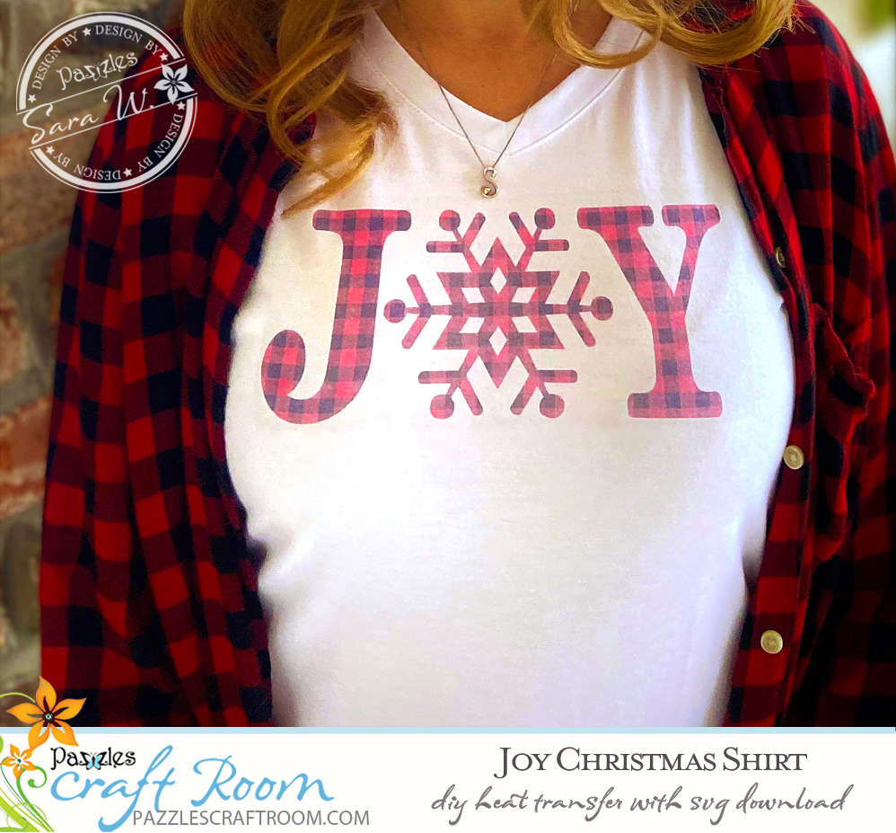 Pazzles Joy DIY Christmas Shirt with instant SVG download. Compatible with all major electronic cutters including Pazzles Inspiration, Cricut, and Silhouette Cameo. Design by Sara Weber.