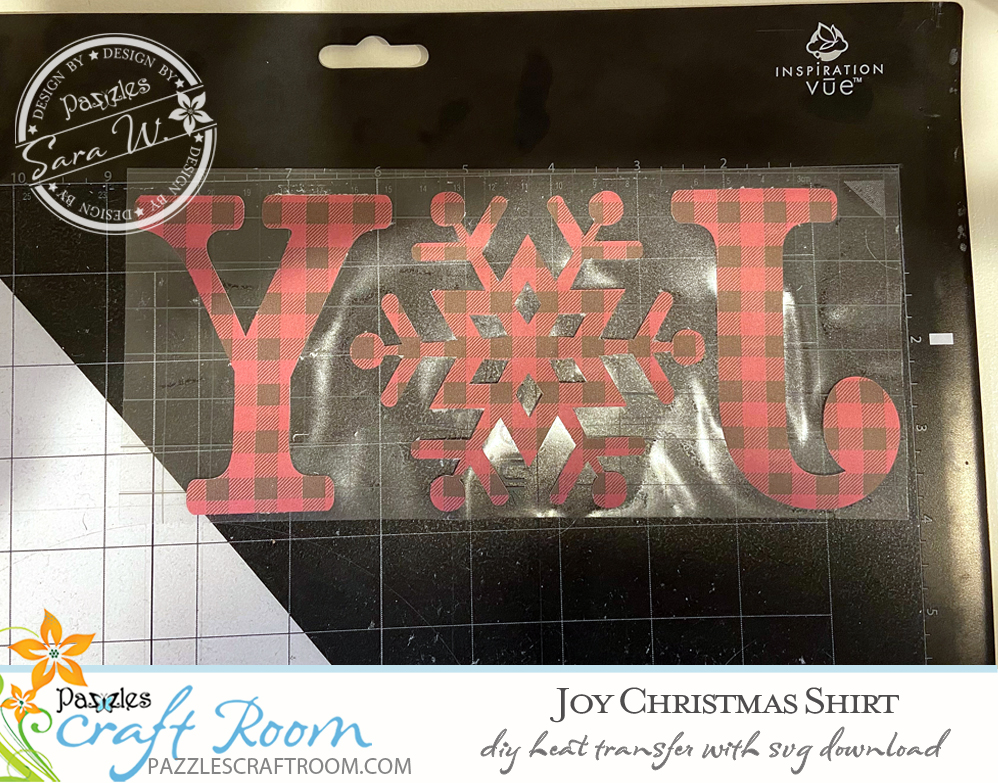 Pazzles Joy DIY Christmas Shirt with instant SVG download. Compatible with all major electronic cutters including Pazzles Inspiration, Cricut, and Silhouette Cameo. Design by Sara Weber.