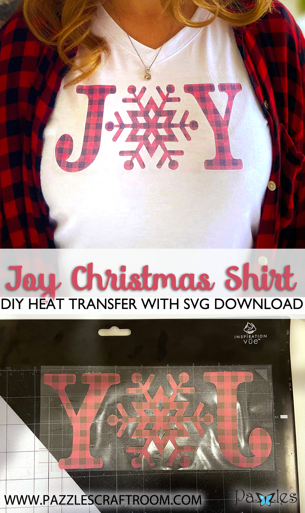Pazzles Joy DIY Christmas Shirt with instant SVG download. Compatible with all major electronic cutters including Pazzles Inspiration, Cricut, and Silhouette Cameo. Design by Sara Weber.