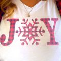 Pazzles Joy DIY Christmas Shirt with instant SVG download. Compatible with all major electronic cutters including Pazzles Inspiration, Cricut, and Silhouette Cameo. Design by Sara Weber.