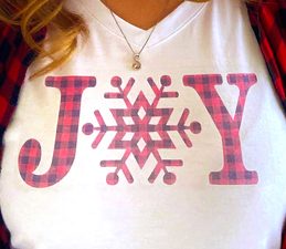 Pazzles Joy DIY Christmas Shirt with instant SVG download. Compatible with all major electronic cutters including Pazzles Inspiration, Cricut, and Silhouette Cameo. Design by Sara Weber.