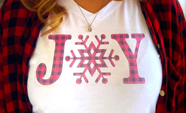 Pazzles Joy DIY Christmas Shirt with instant SVG download. Compatible with all major electronic cutters including Pazzles Inspiration, Cricut, and Silhouette Cameo. Design by Sara Weber.