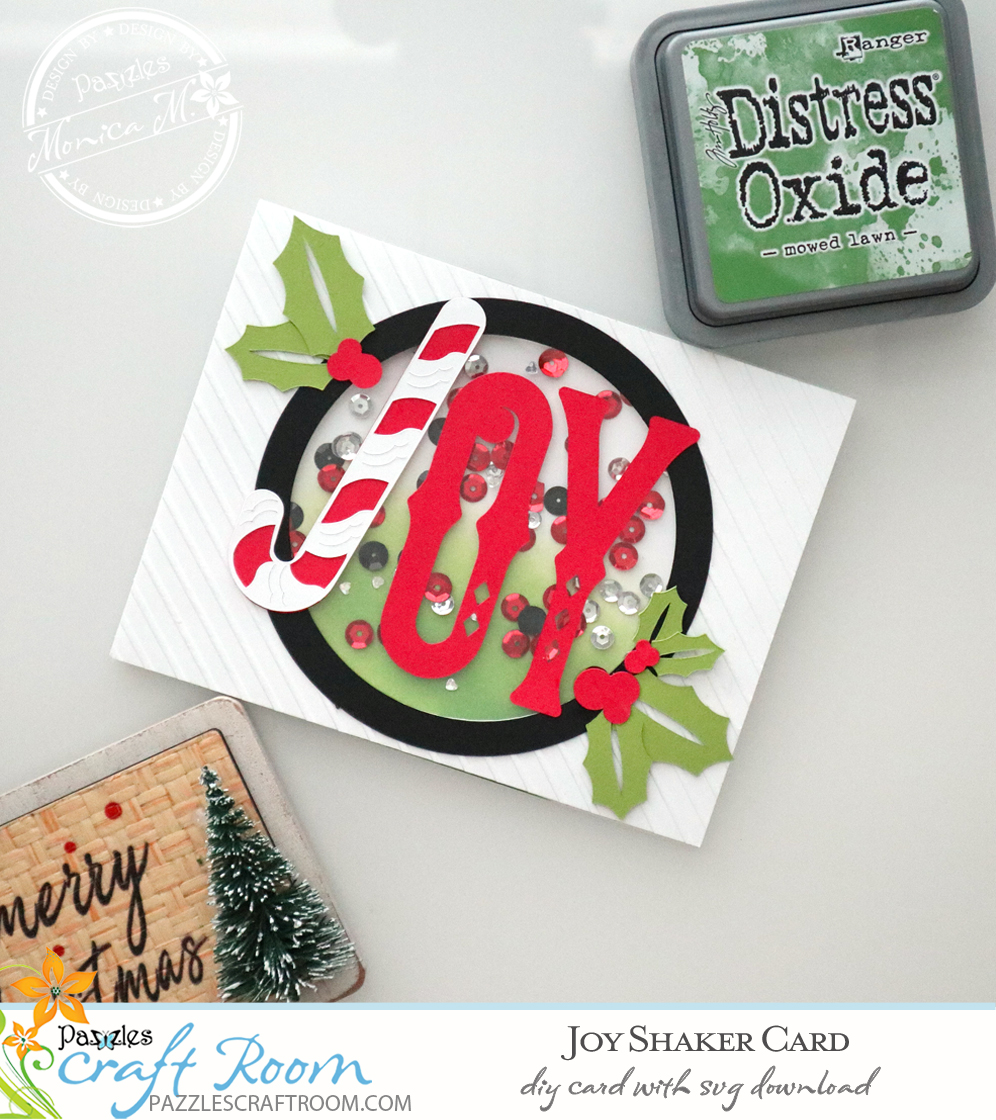 Pazzles Christmas DIY Joy Shaker Card with instant SVG download. Compatible with all major electronic cutters including Pazzles, Cricut, and Silhouette Cameo. Design by Monica Martinez.