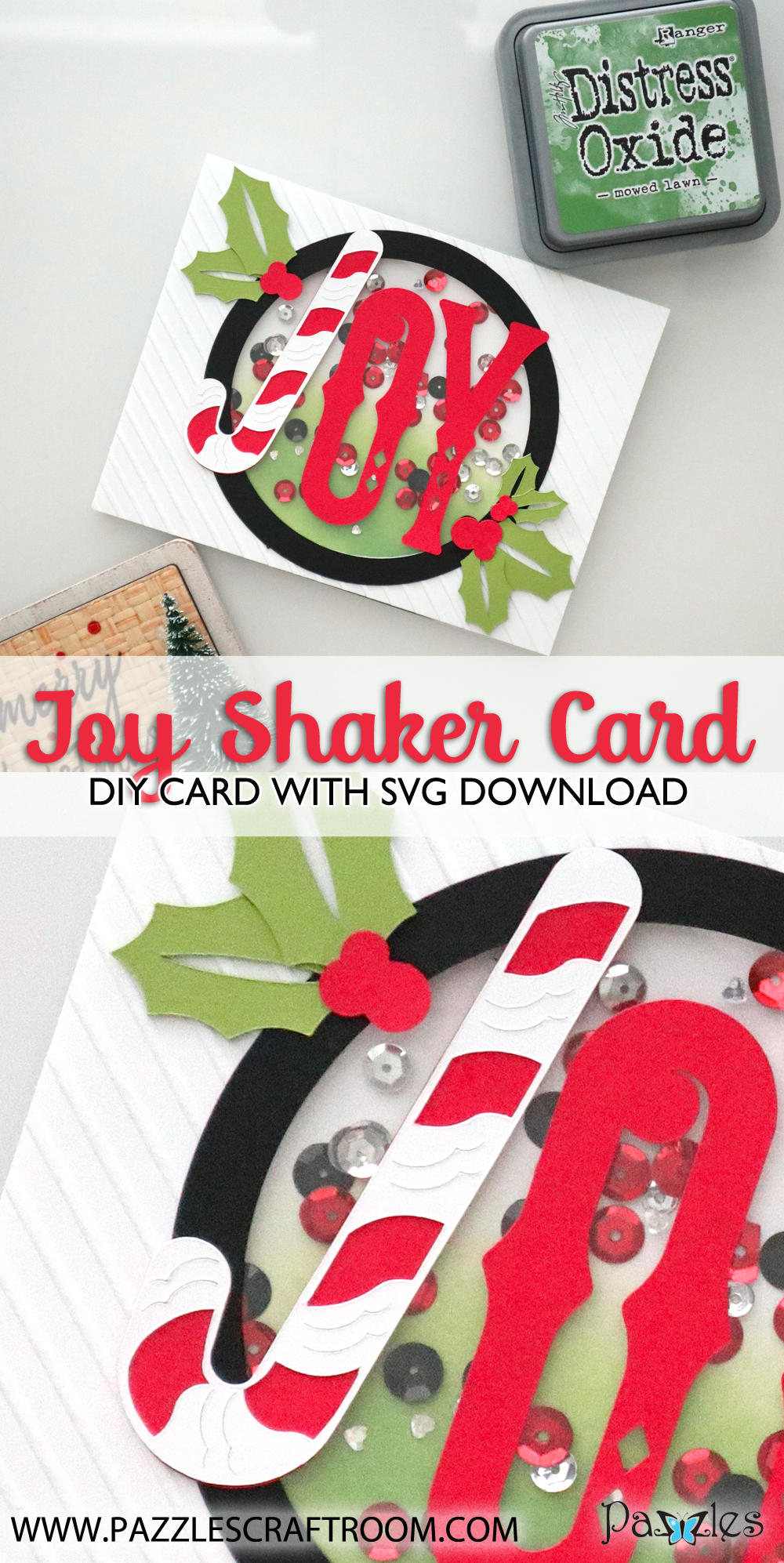 Pazzles Christmas DIY Joy Shaker Card with instant SVG download. Compatible with all major electronic cutters including Pazzles, Cricut, and Silhouette Cameo. Design by Monica Martinez.