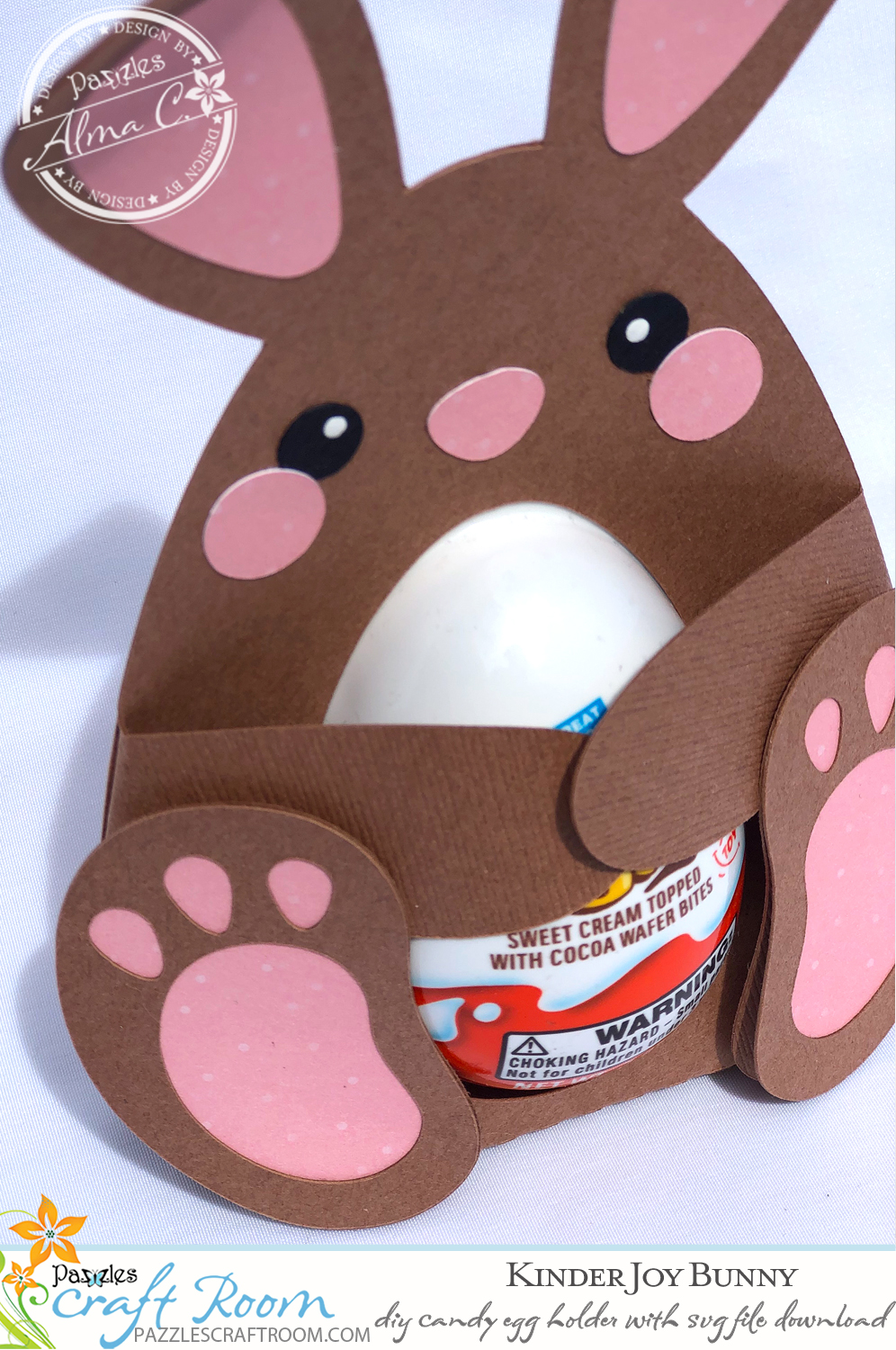 Pazzles DIY Bunny Candy Egg Holder for Kinder Joy with instant SVG download. Compatible with all major electronic cutters including Pazzles Inspiration, Cricut, and Silhouette Cameo. Design by Alma Cervantes.