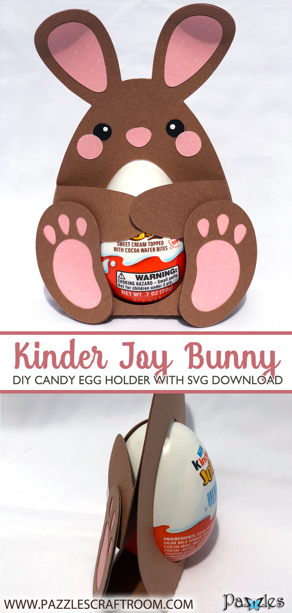 Pazzles DIY Candy Egg Bunny Holder for Kinder Joy with instant SVG download. Compatible with all major electronic cutters including Pazzles Inspiration, Cricut, and Silhouette Cameo. Design by Alma Cervantes.