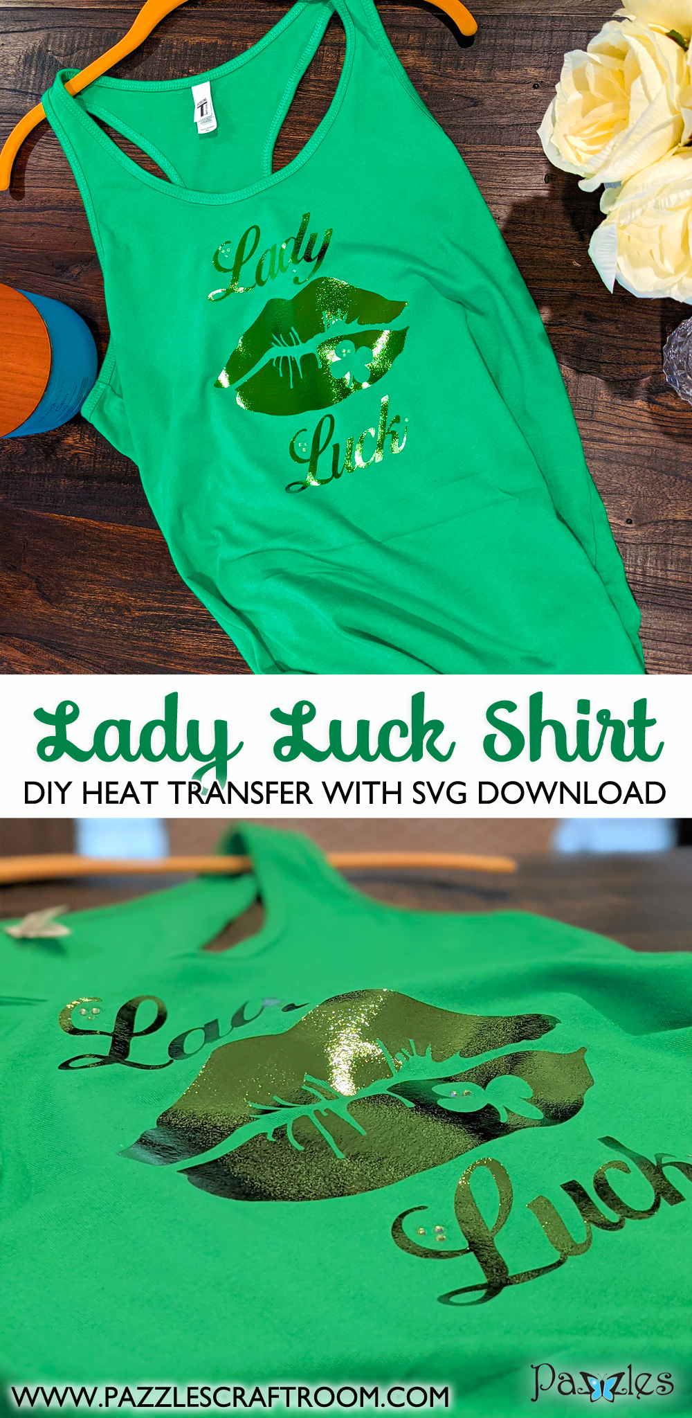 Pazzles DIY Lady Luck Heat Transfer with instant SVG download.  Instant SVG download compatible with all major electronic cutters including Pazzles Inspiration, Cricut, and Silhouette Cameo. Design by Monica Martinez.