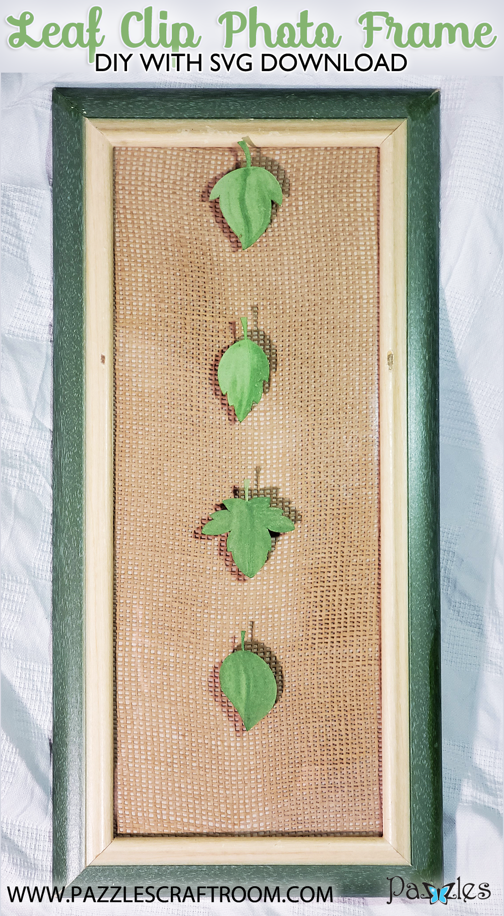 Pazzles DIY Leaf Clip Photo Frame with instant SVG download. Compatible with all major electronic cutters including Pazzles Inspiration, Cricut, and Silhouette Cameo. Design by Renee Smart.