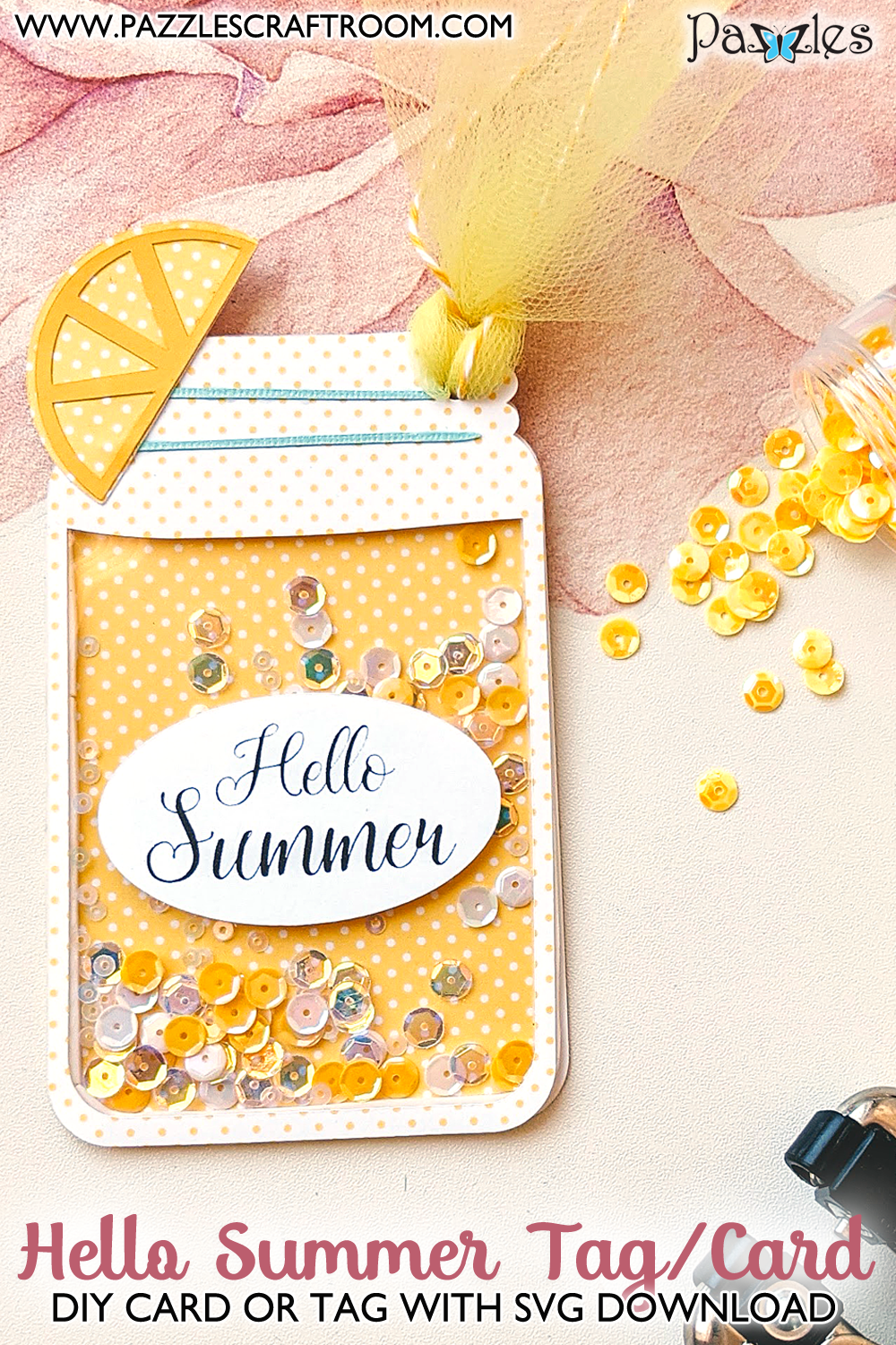 Pazzles DIY Lemonade Shaker Tag or Card with instant SVG download. Instant SVG download compatible with all major electronic cutters including Pazzles Inspiration, Cricut, and Silhouette Cameo. Design by Monica Martinez.