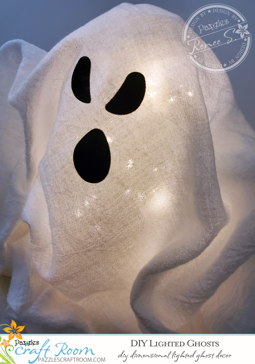 Pazzles DIY lighted ghost decor with instant SVG download. Compatible with all major electronic cutters including Pazzles Inspiration, Cricut, and Silhouette Cameo. Design by Renee Smart.