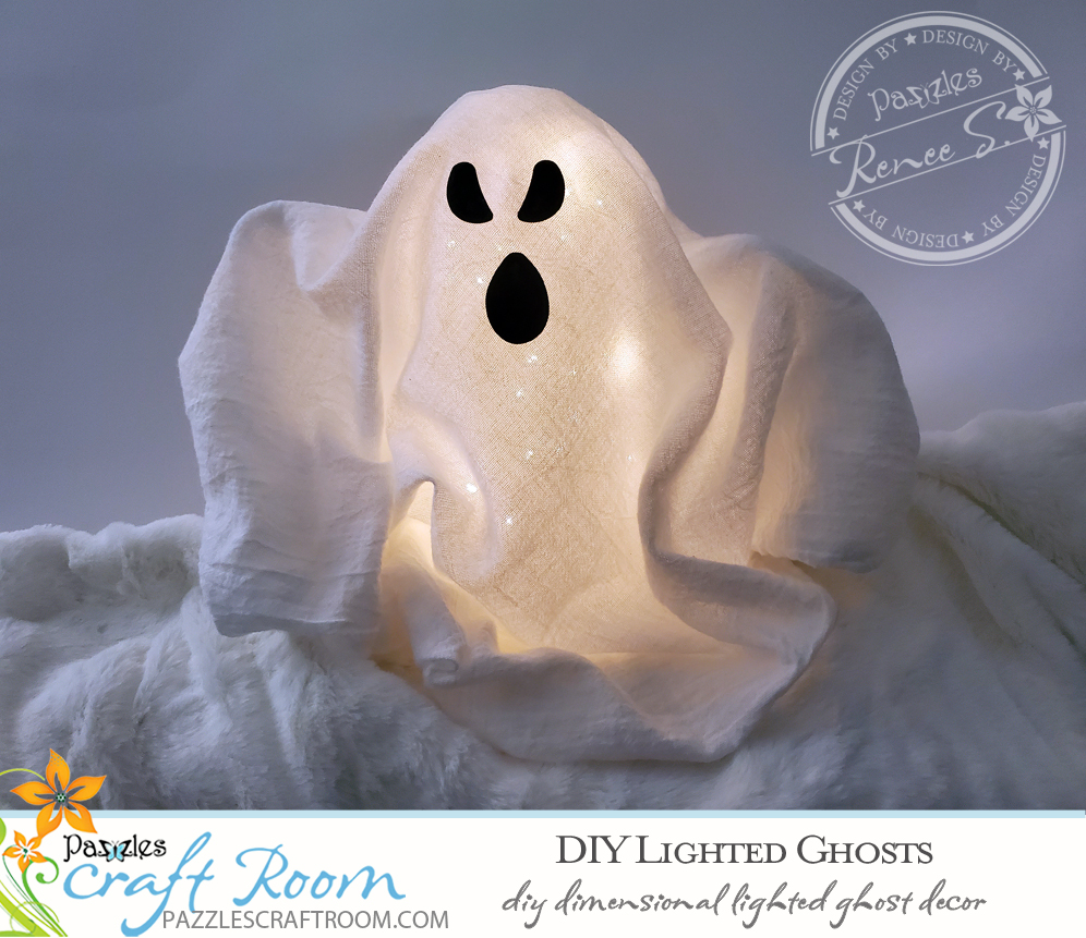 Pazzles DIY lighted ghost decor with instant SVG download. Compatible with all major electronic cutters including Pazzles Inspiration, Cricut, and Silhouette Cameo. Design by Renee Smart.