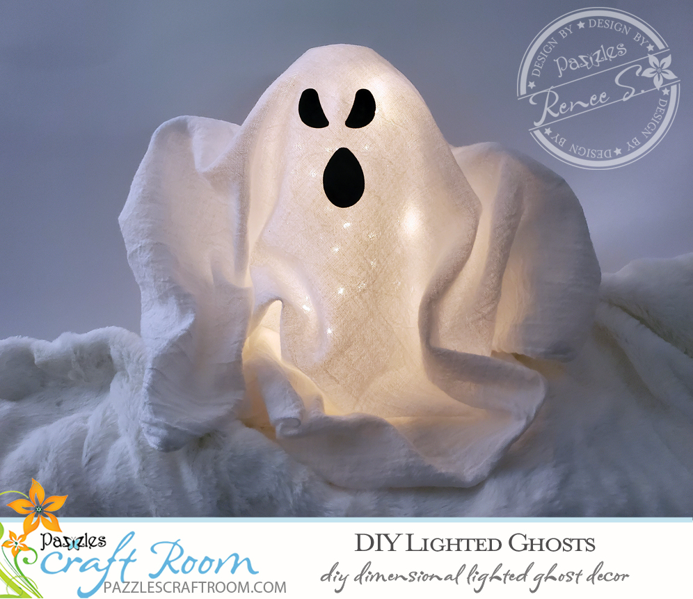Pazzles DIY lighted ghost decor with instant SVG download. Compatible with all major electronic cutters including Pazzles Inspiration, Cricut, and Silhouette Cameo. Design by Renee Smart.