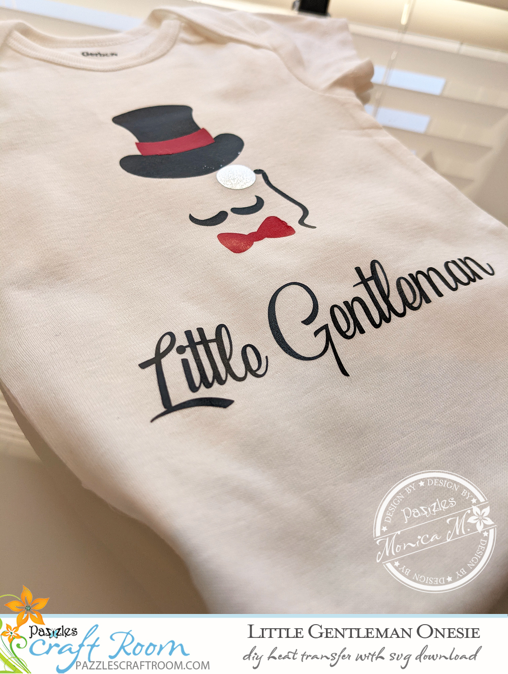 Pazzles DIY Little Gentleman Onesie with instant SVG download.  Instant SVG download compatible with all major electronic cutters including Pazzles Inspiration, Cricut, and Silhouette Cameo. Design by Monica Martinez.