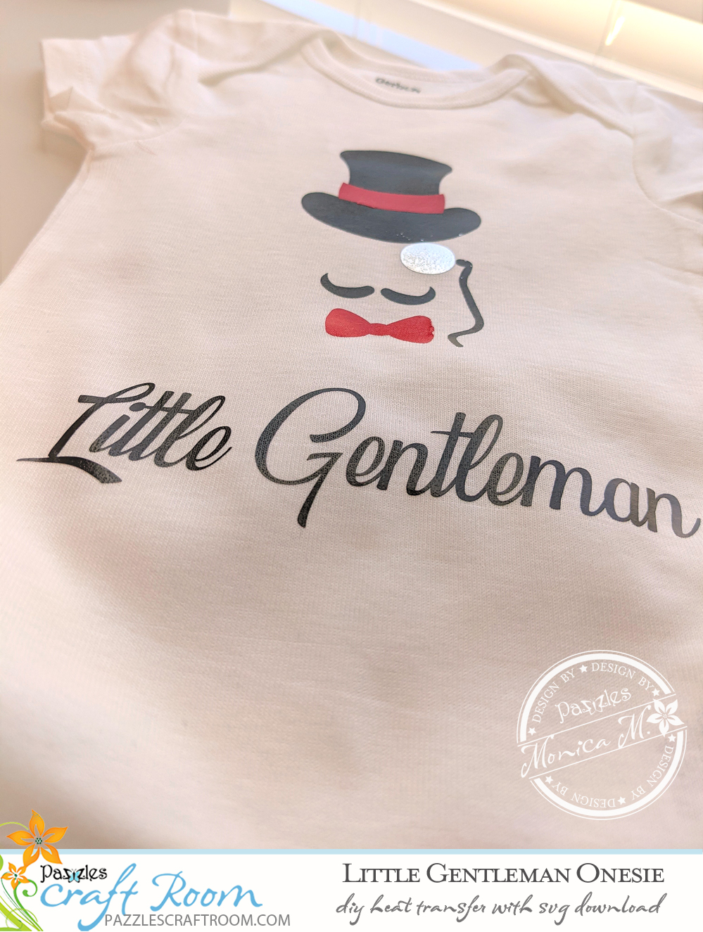 Pazzles DIY Little Gentleman Onesie with instant SVG download.  Instant SVG download compatible with all major electronic cutters including Pazzles Inspiration, Cricut, and Silhouette Cameo. Design by Monica Martinez.