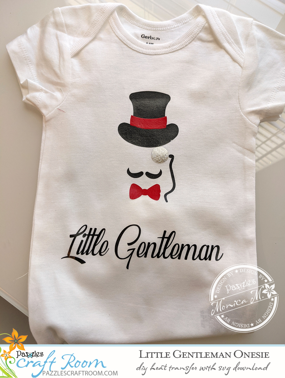 Pazzles DIY Little Gentleman Onesie with instant SVG download.  Instant SVG download compatible with all major electronic cutters including Pazzles Inspiration, Cricut, and Silhouette Cameo. Design by Monica Martinez.