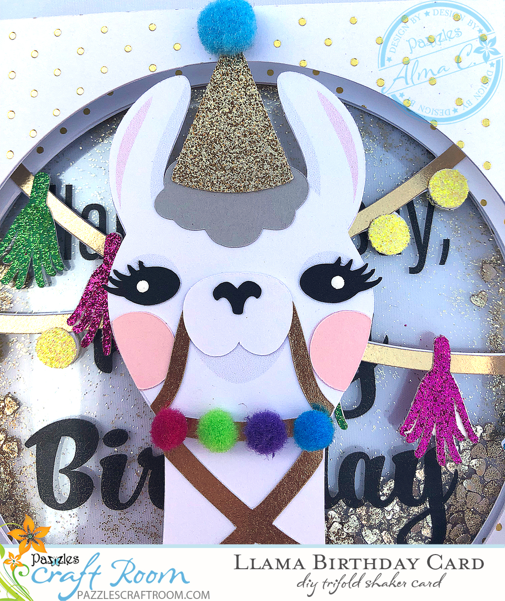Pazzles Llama Birthday Card Trifold with Glitter Shaker by SVGCuttables
