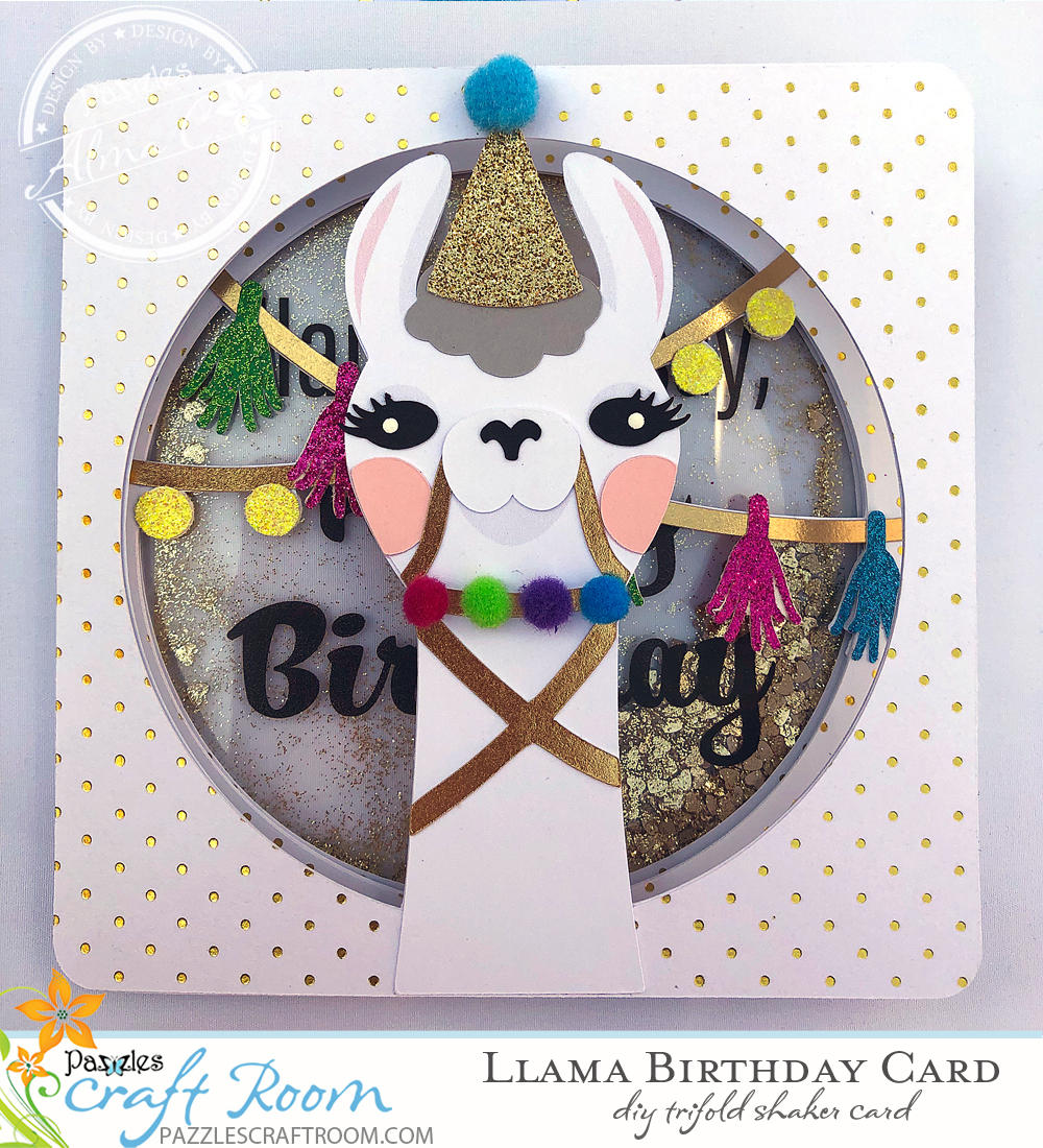 Pazzles Llama Birthday Card Trifold with Glitter Shaker by SVGCuttables