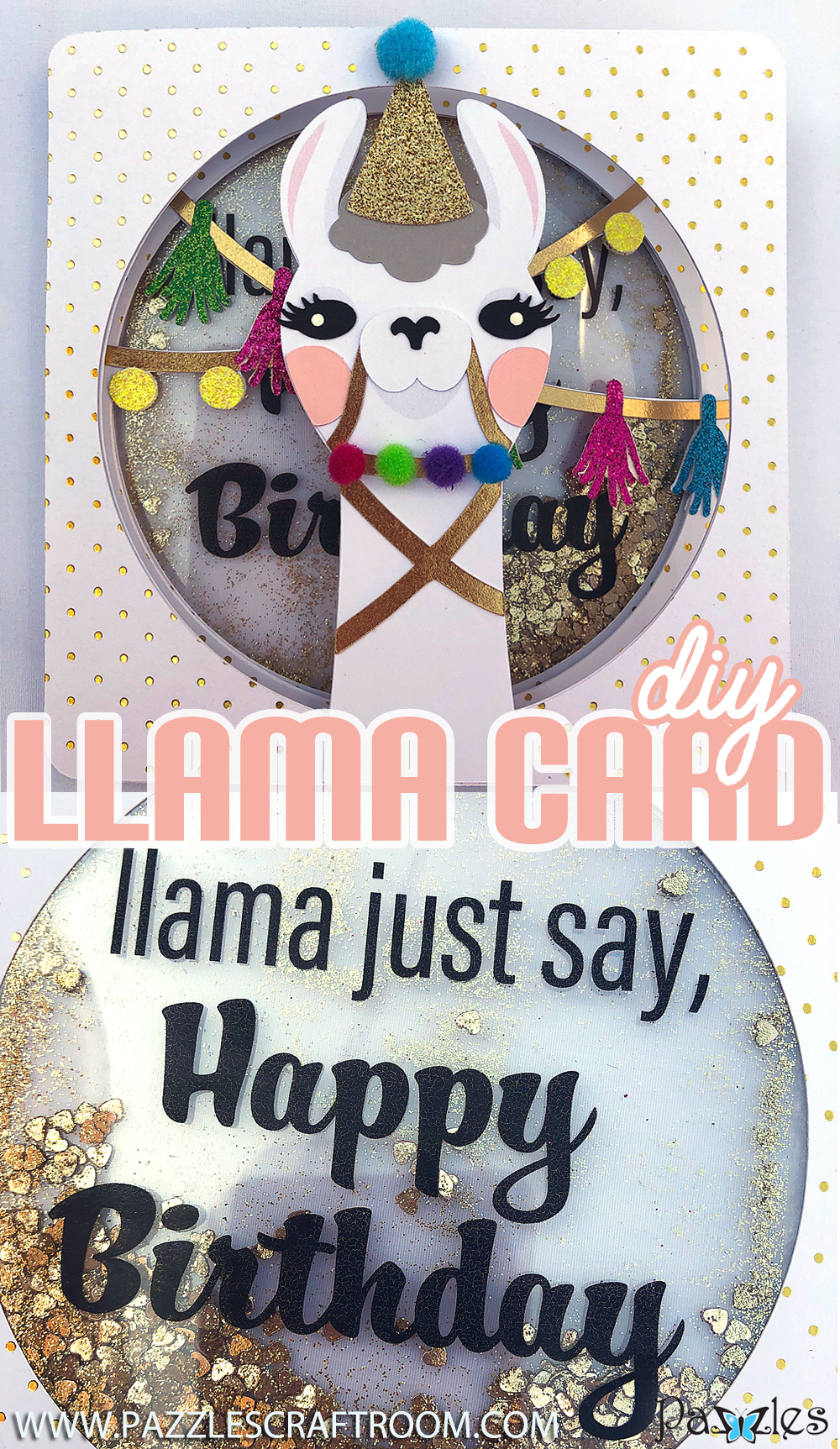 Pazzles DIY Llama Birthday Card Trifold with Glitter Shaker by SVGCuttables. Instant Download in SVG, AI, and WPC. Compatible with Pazzles, Cameo Silhouette, and Cricut.