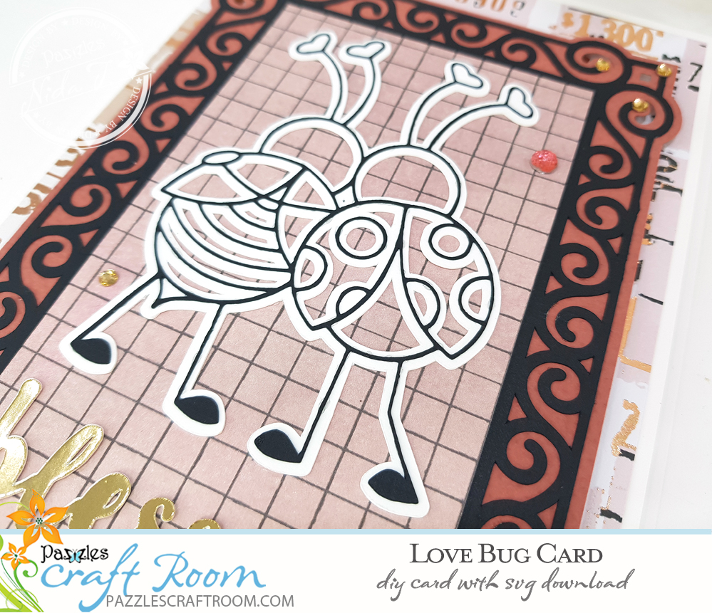 Pazzles DIY Love Bugs Card. Instant SVG download compatible with all major electronic cutters including Pazzles Inspiration, Cricut, and Silhouette Cameo. Design by Nida Tanweer.