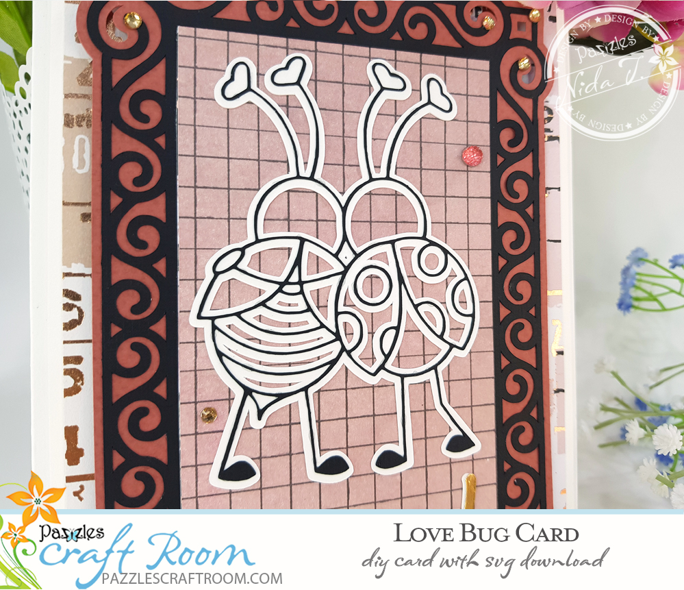 Pazzles DIY Love Bugs Card. Instant SVG download compatible with all major electronic cutters including Pazzles Inspiration, Cricut, and Silhouette Cameo. Design by Nida Tanweer.