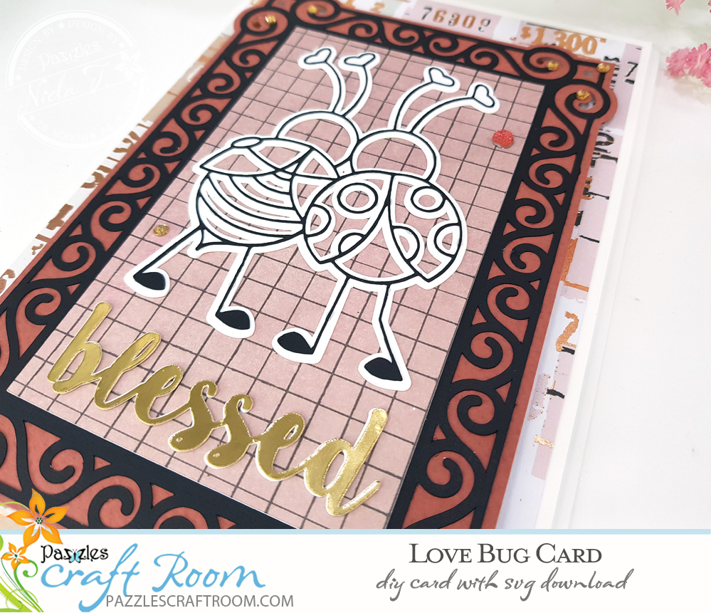 Pazzles DIY Love Bugs Card. Instant SVG download compatible with all major electronic cutters including Pazzles Inspiration, Cricut, and Silhouette Cameo. Design by Nida Tanweer.