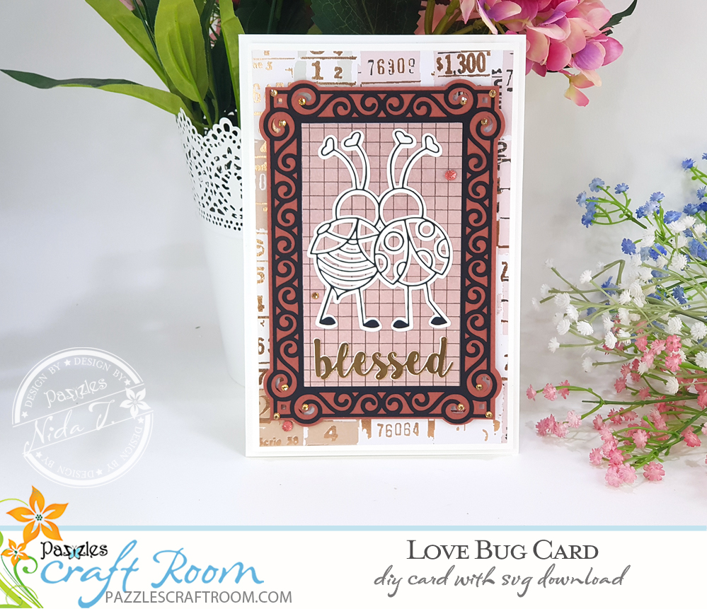 Pazzles DIY Love Bugs Card. Instant SVG download compatible with all major electronic cutters including Pazzles Inspiration, Cricut, and Silhouette Cameo. Design by Nida Tanweer.