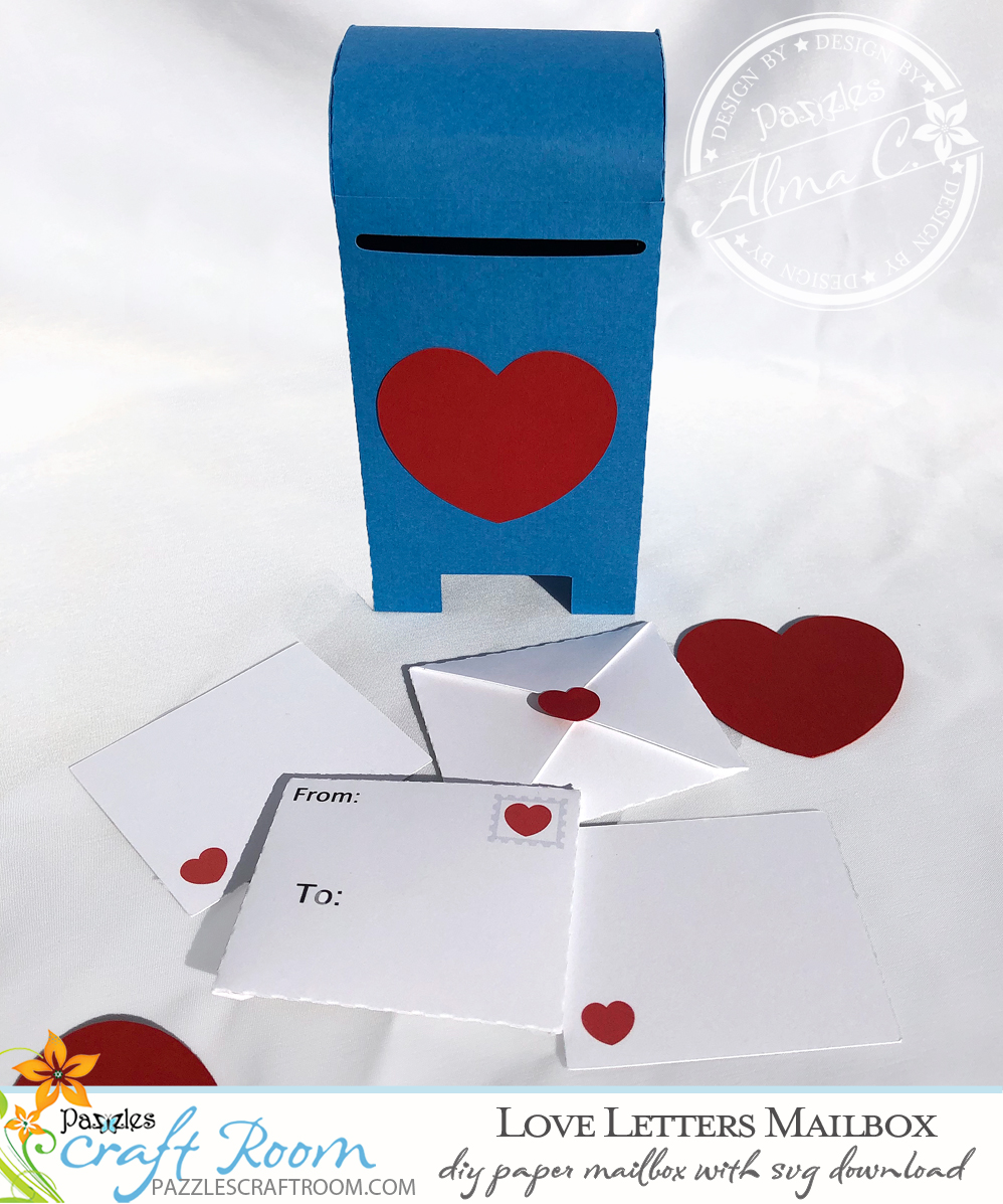 Pazzles DIY Love Letters Mailbox for Valentine's Day. Instant SVG download compatible with all major electronic cutters including Pazzles Inspiration, Cricut, and Silhouette Cameo. Design by Alma Cervantes.