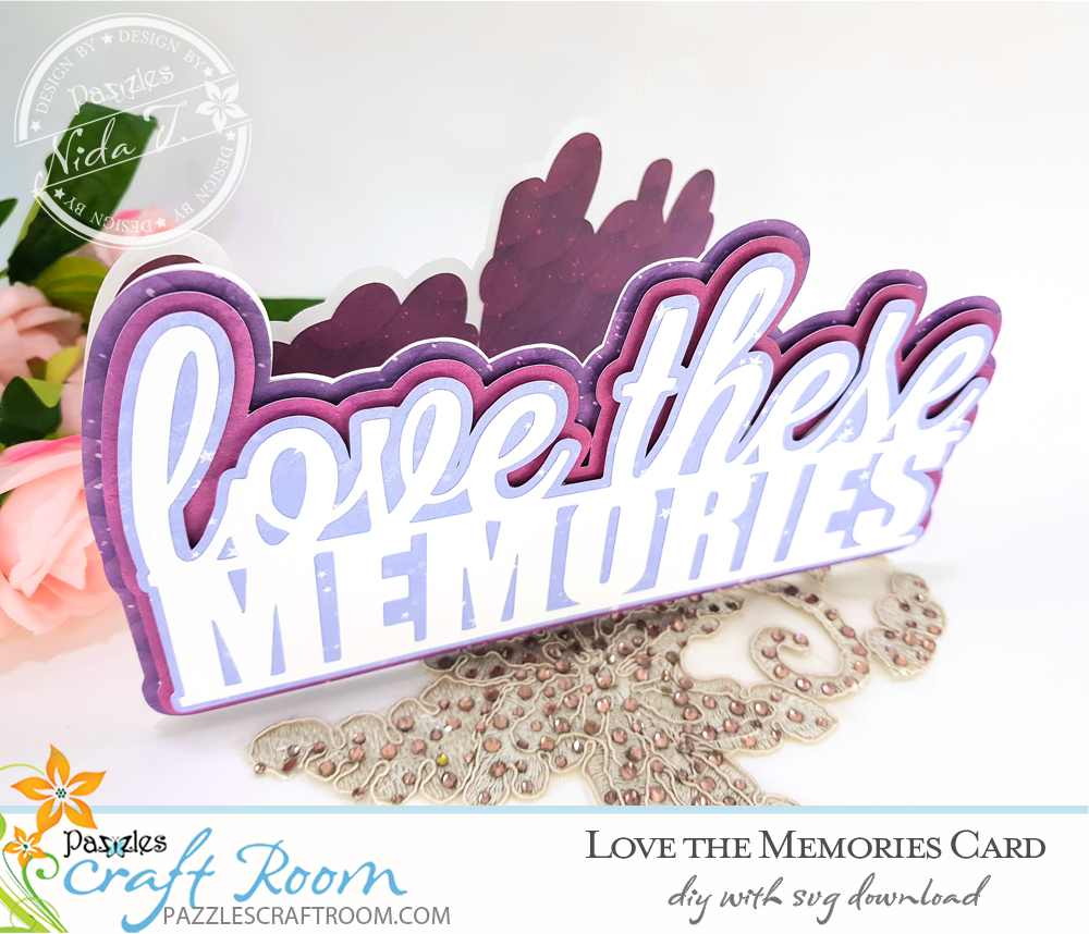 Pazzles DIY Memories Card with instant SVG download. Compatible with all major electronic cutters including Pazzles Inspiration, Cricut, and Silhouette Cameo. Design by Nida Tanweer.