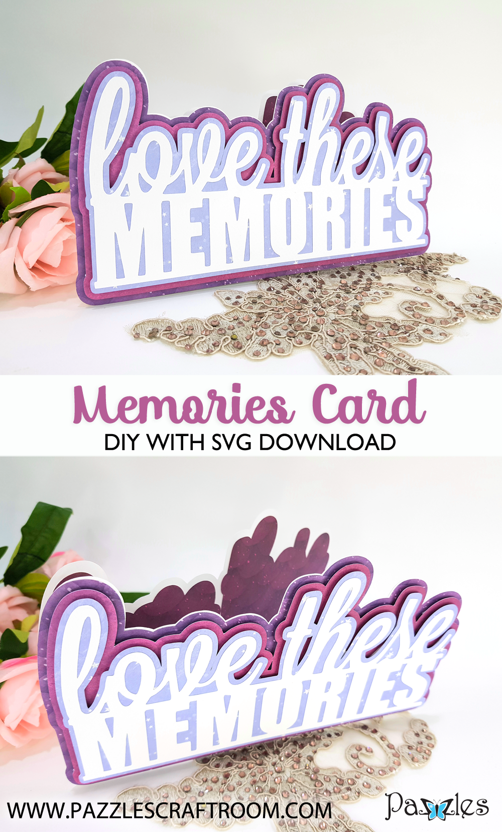 Pazzles DIY Memories Card with instant SVG download. Compatible with all major electronic cutters including Pazzles Inspiration, Cricut, and Silhouette Cameo. Design by Nida Tanweer.