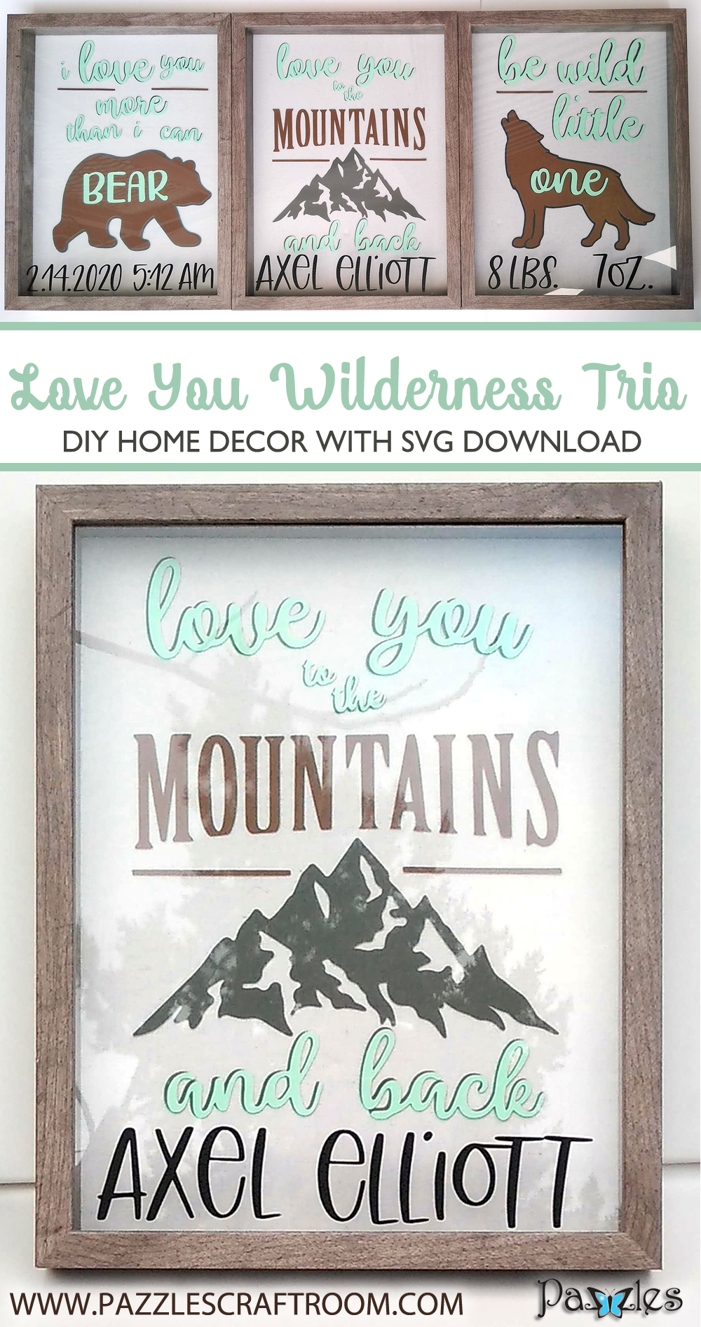 Pazzles DIY Wilderness Wall Trio for nursery with instant SVG download. Compatible with all major electronic cutters including Pazzles Inspiration, Cricut, and Silhouette Cameo. Design by Renee Smart.