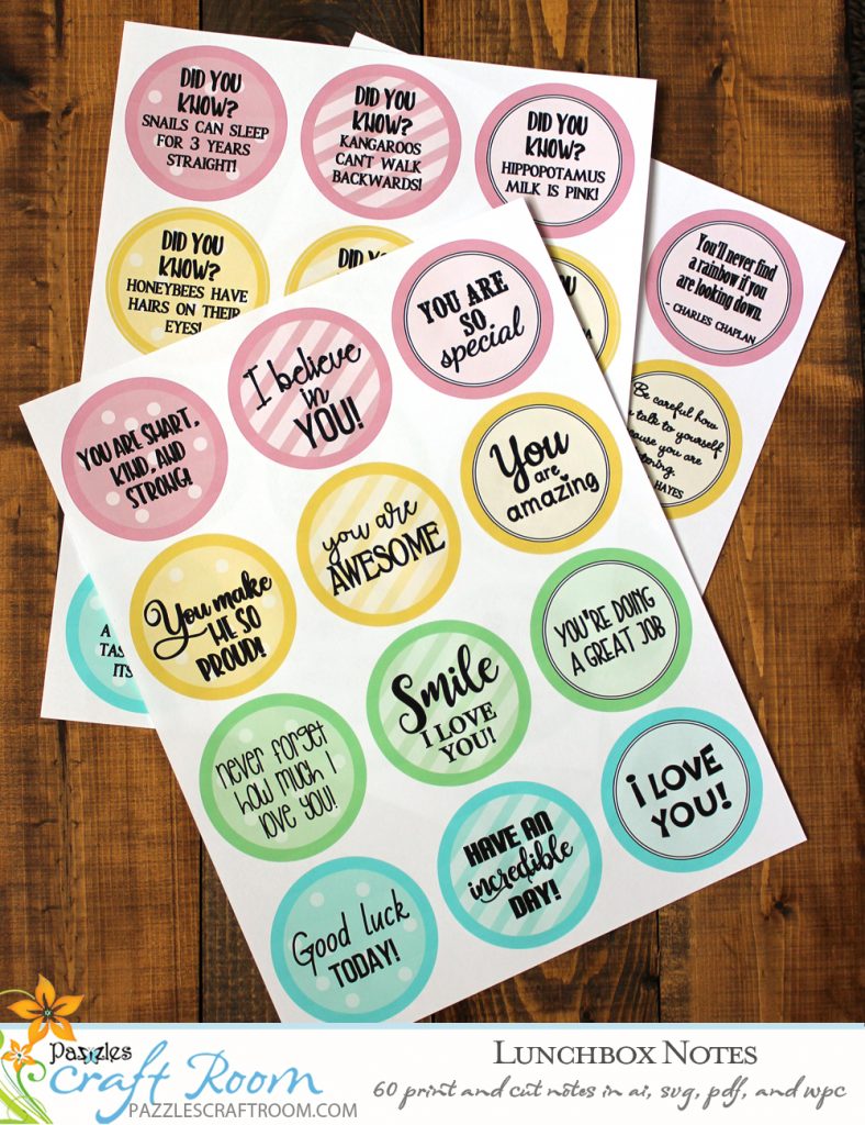 Pazzles DIY Lunchbox Notes. Instant SVG download compatible with all major electronic cutters including Pazzles Inspiration, Cricut, and Silhouette Cameo. Design by Amanda Vander Woude.