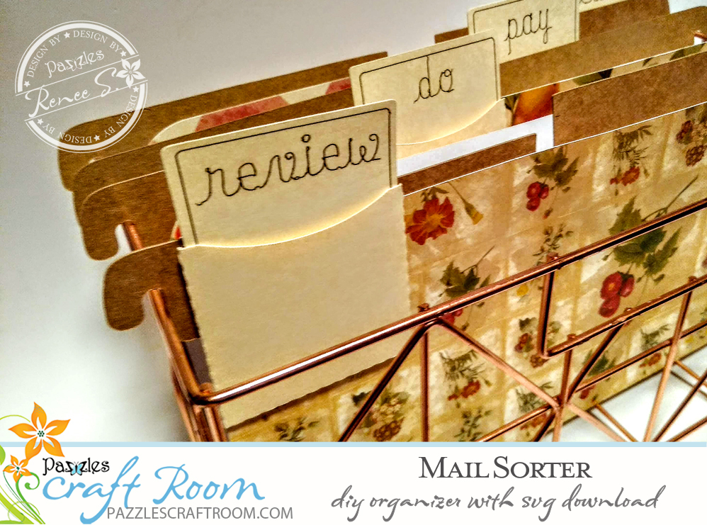 Pazzles DIY Mail Sorter with instant SVG download. Compatible with all major electronic cutters including Pazzles Inspiration, Cricut, and Silhouette Cameo. Design by Renee Smart.