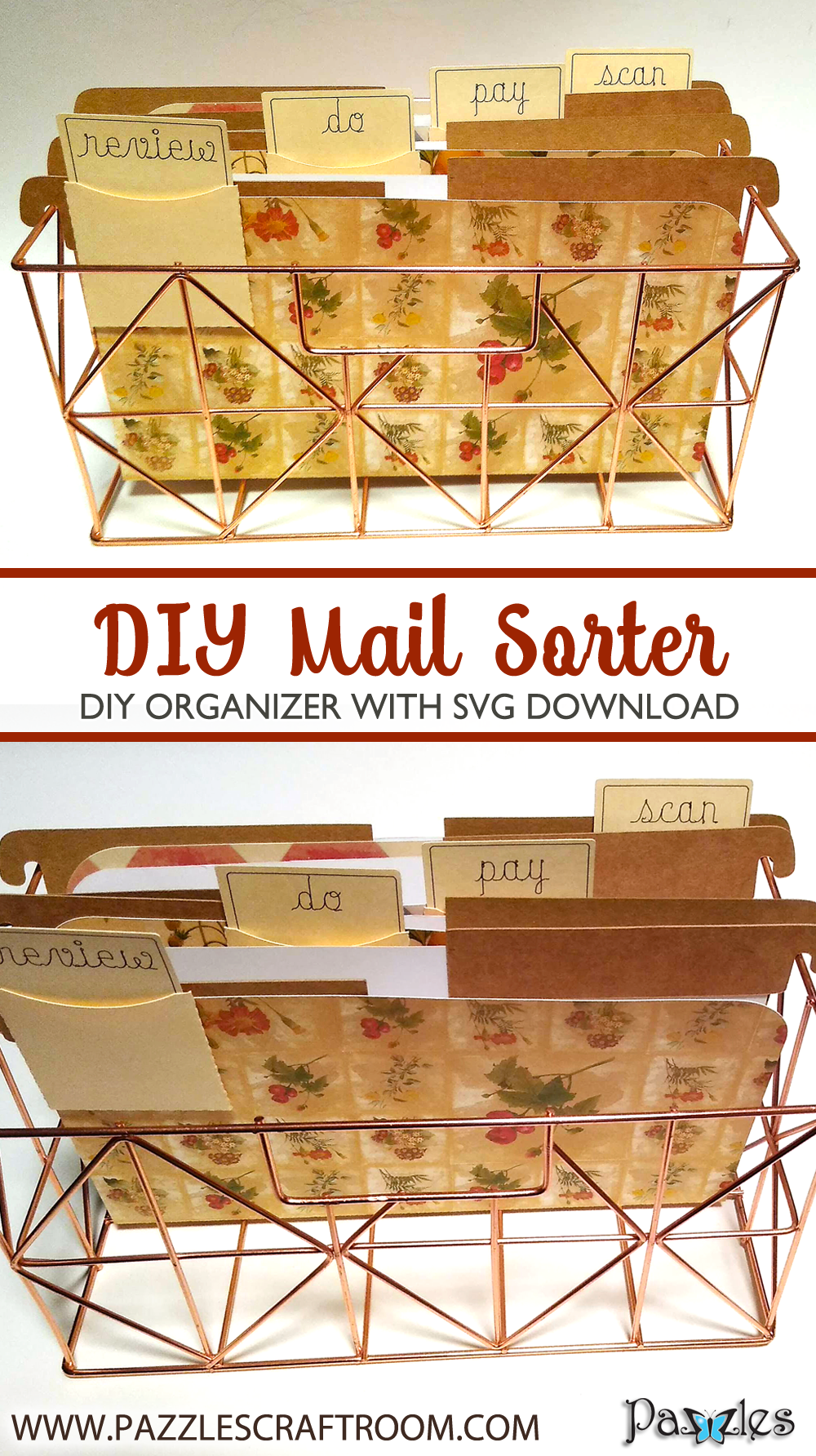 Pazzles DIY Mail Sorter with instant SVG download. Compatible with all major electronic cutters including Pazzles Inspiration, Cricut, and Silhouette Cameo. Design by Renee Smart.