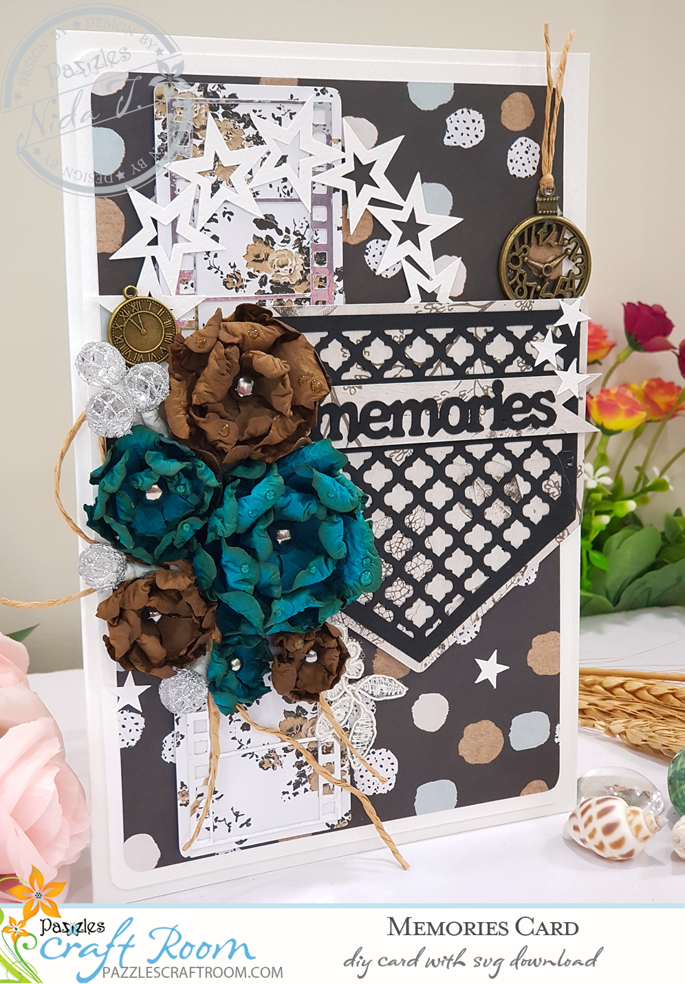 Pazzles DIY Memories Card with instant SVG download. Compatible with all major electronic cutters including Pazzles Inspiration, Cricut, and Silhouette Cameo. Design by Nida Tanweer.