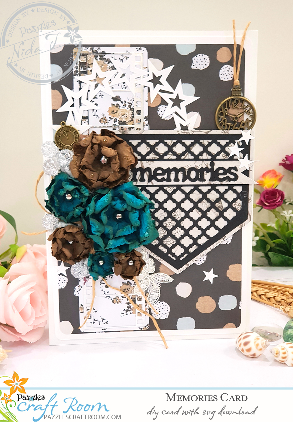 Pazzles DIY Memories Card with instant SVG download. Compatible with all major electronic cutters including Pazzles Inspiration, Cricut, and Silhouette Cameo. Design by Nida Tanweer.