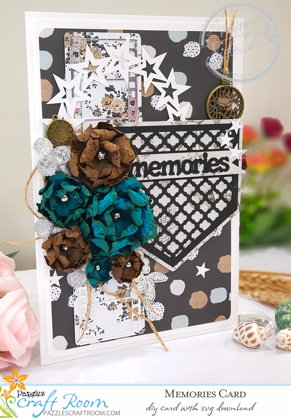 Pazzles DIY Memories Card with instant SVG download. Compatible with all major electronic cutters including Pazzles Inspiration, Cricut, and Silhouette Cameo. Design by Nida Tanweer.