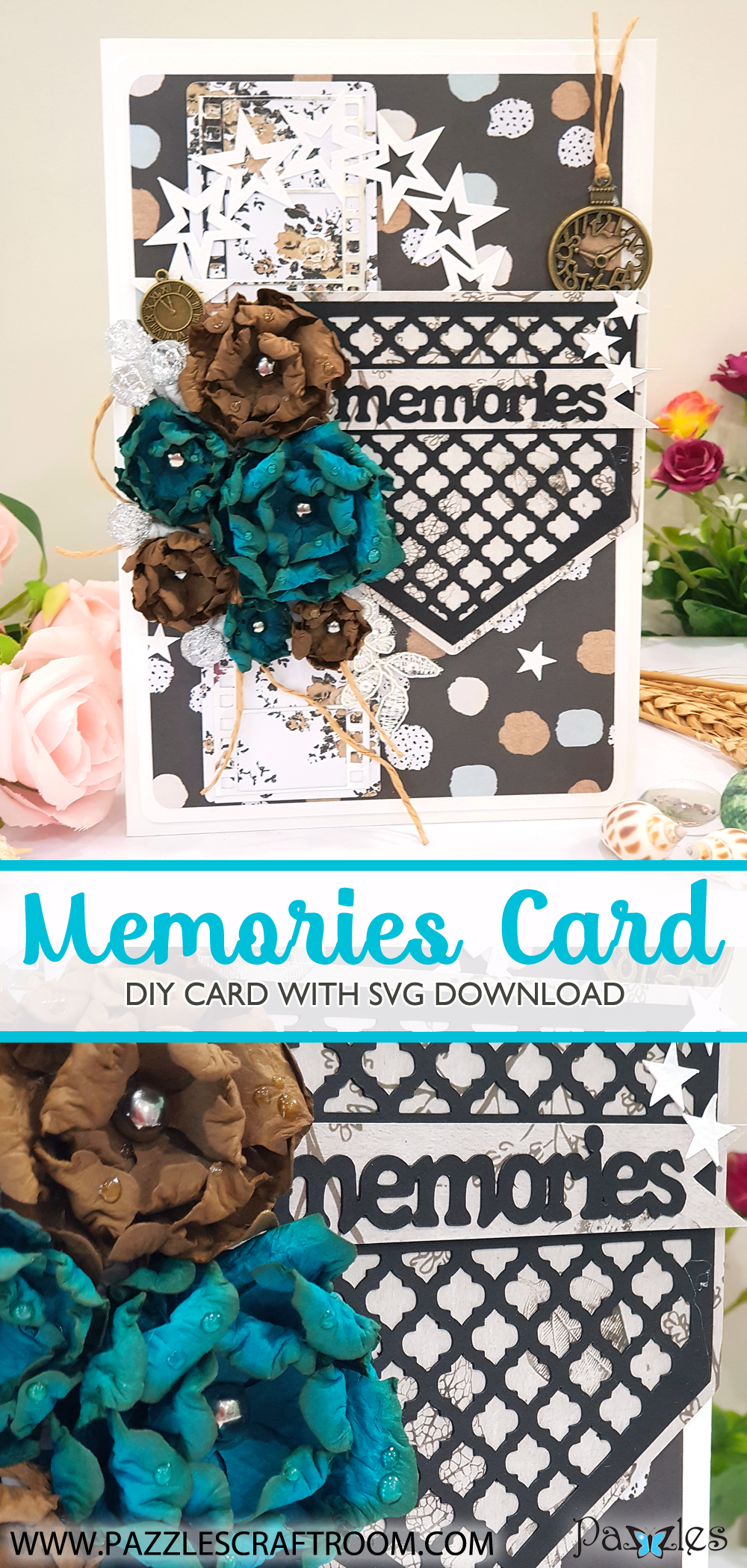 Pazzles DIY Memories Card with instant SVG download. Compatible with all major electronic cutters including Pazzles Inspiration, Cricut, and Silhouette Cameo. Design by Nida Tanweer.