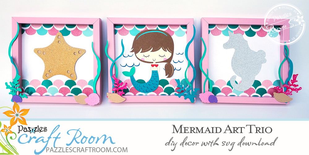 Pazzles DIY Mermaid Art Trio with instant SVG download. Instant SVG download compatible with all major electronic cutters including Pazzles Inspiration, Cricut, and Silhouette Cameo. Design by Renee Smart.