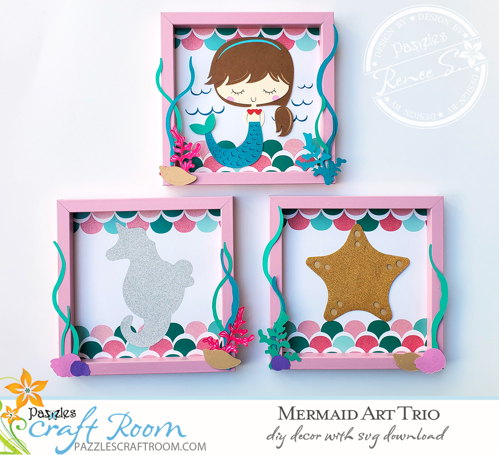Pazzles DIY Mermaid Art Trio with instant SVG download. Instant SVG download compatible with all major electronic cutters including Pazzles Inspiration, Cricut, and Silhouette Cameo. Design by Renee Smart.